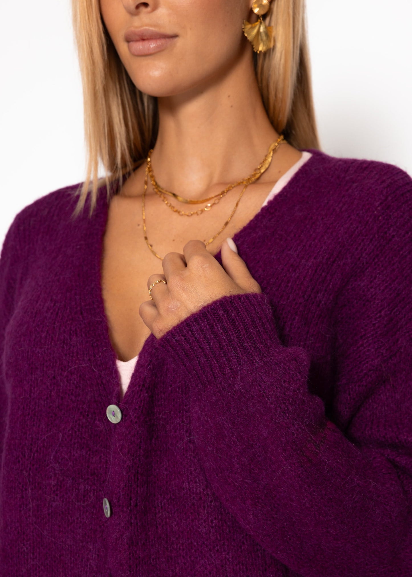 Cardigan mit V-Ausschnitt und Knopfleiste - plum