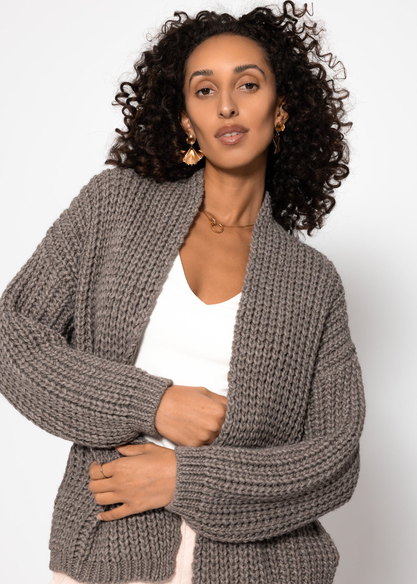 Offener Grobstrick-Cardigan - taupe