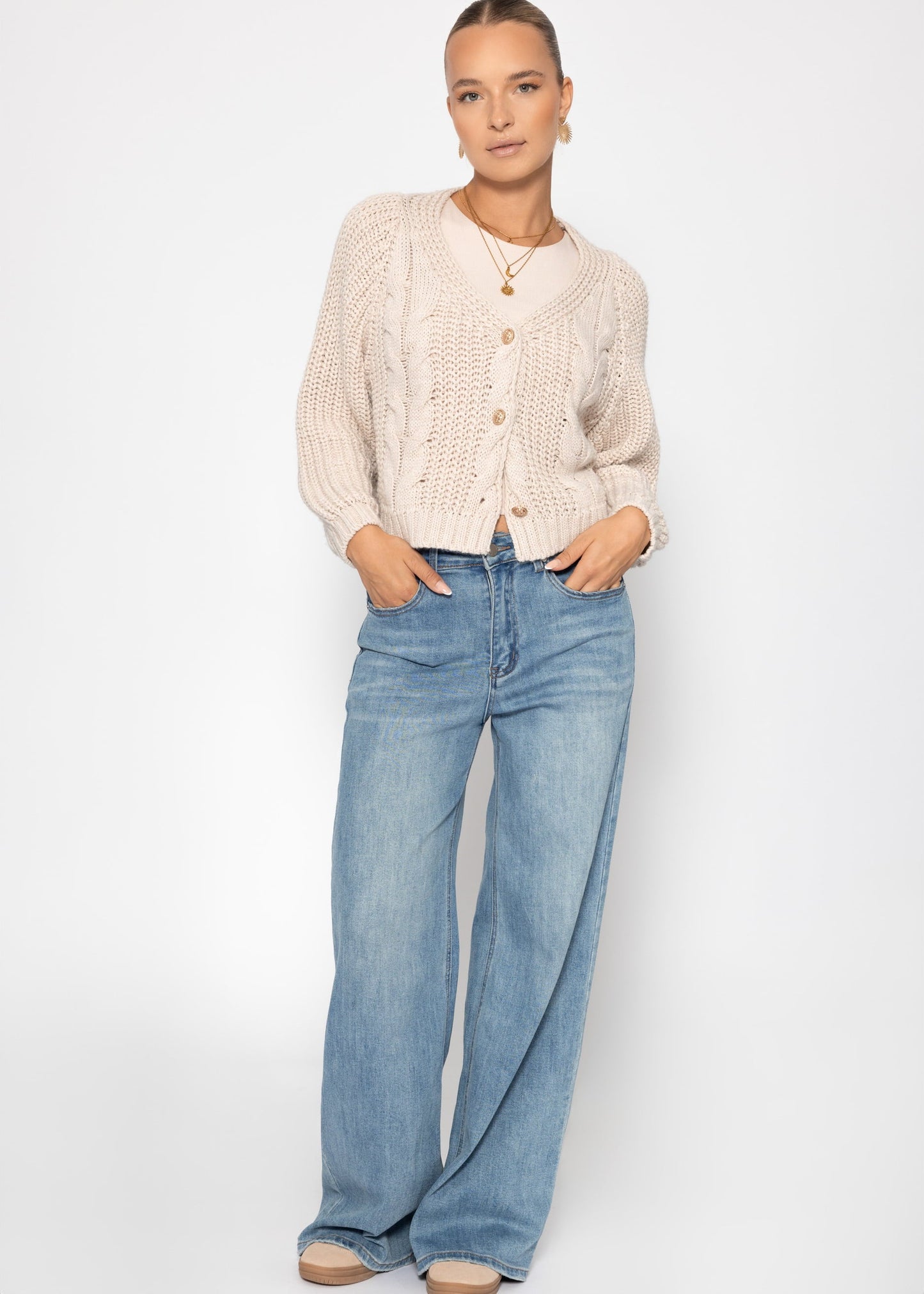 Zopfstrick-Cardigan mit Knopfleiste - beige