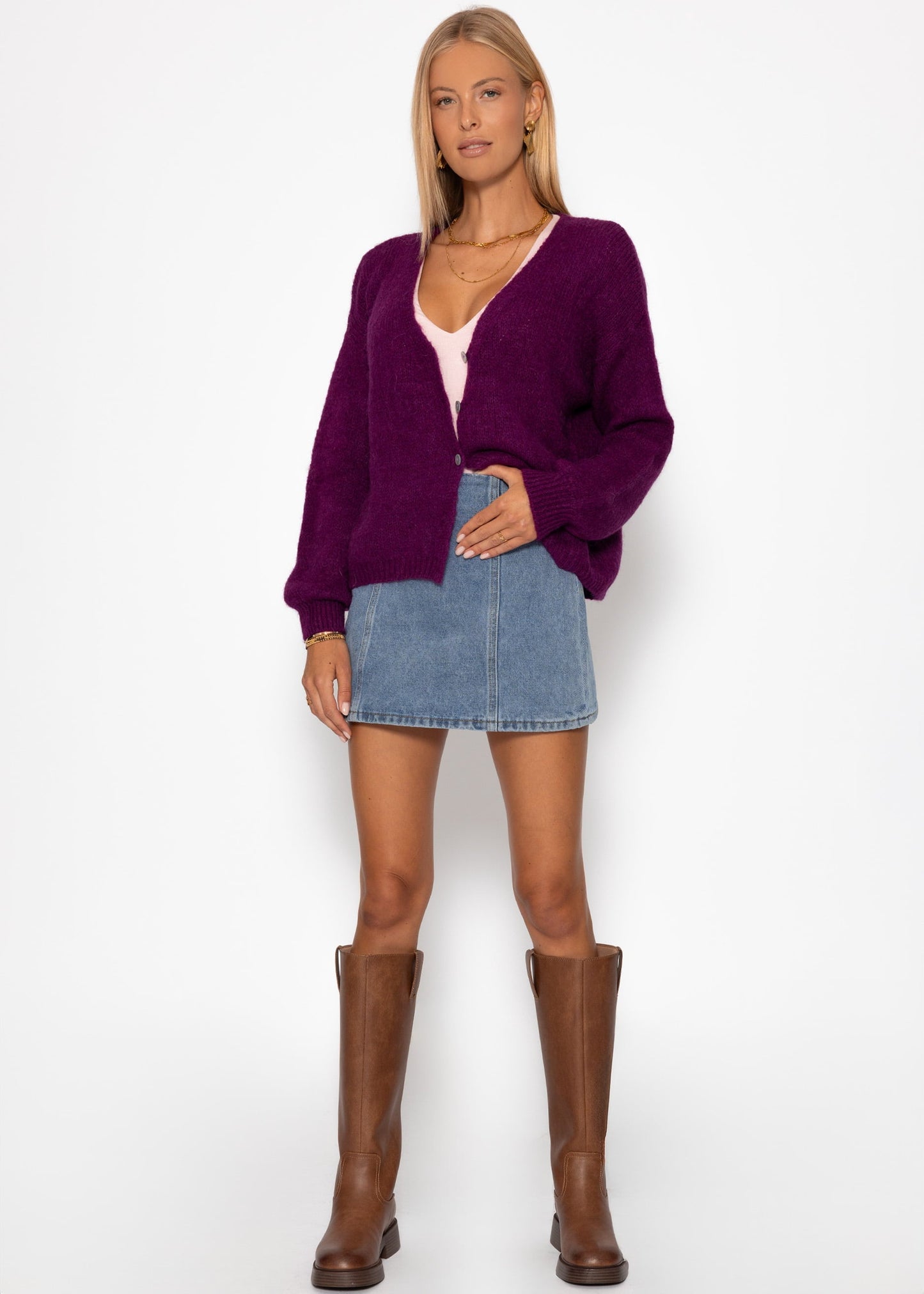 Cardigan mit V-Ausschnitt und Knopfleiste - plum