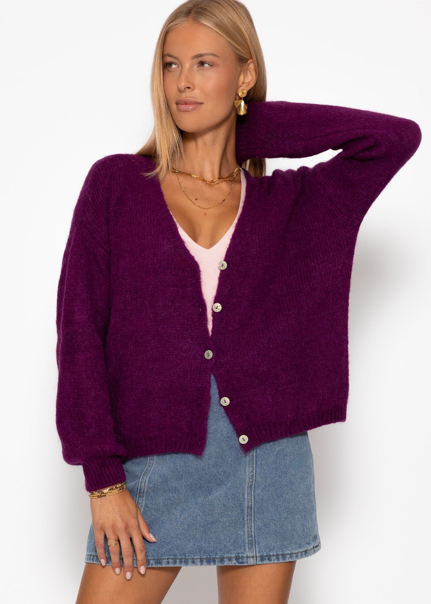 Cardigan mit V-Ausschnitt und Knopfleiste - plum