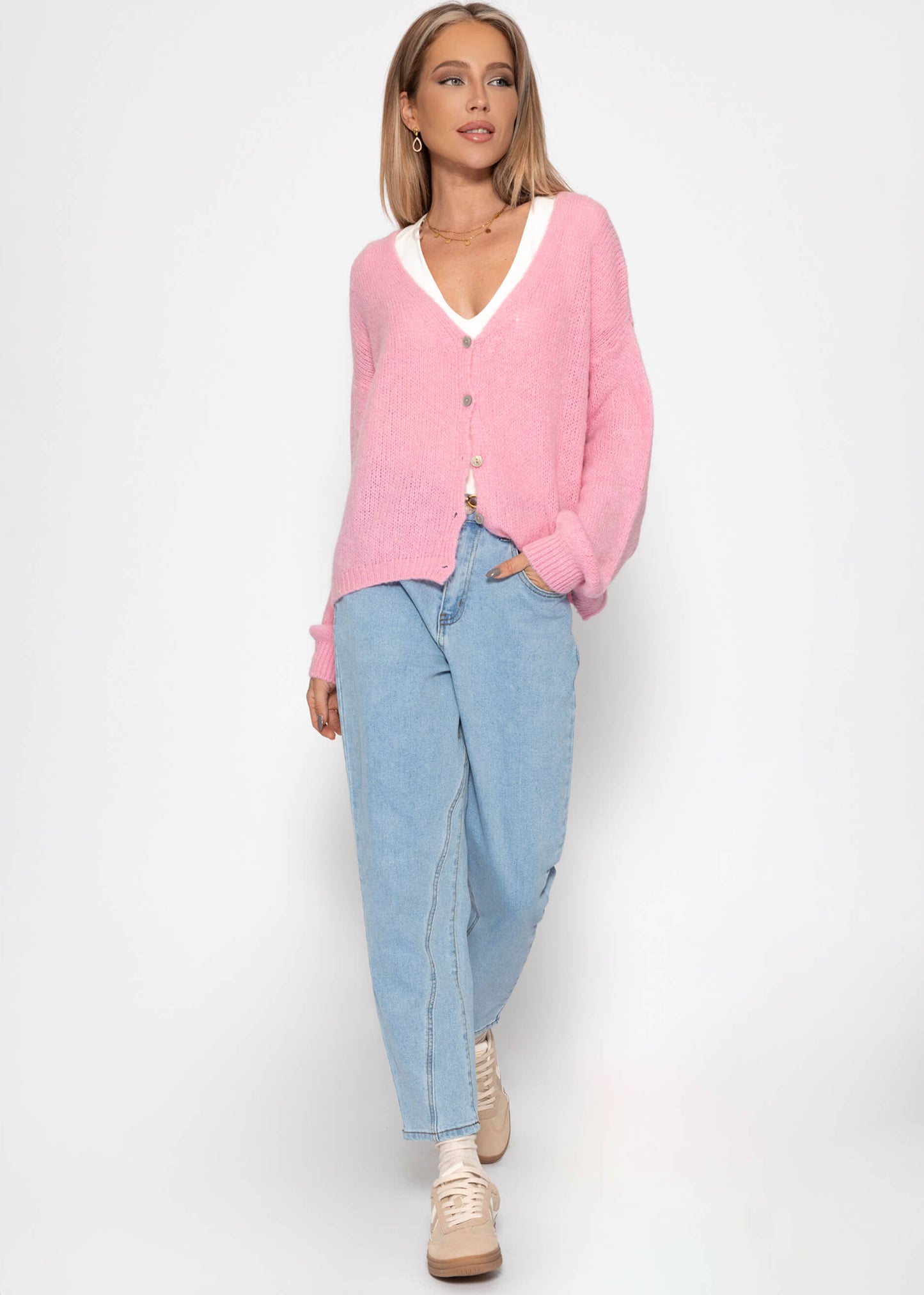 Cardigan mit V-Ausschnitt und Knopfleiste - rosa