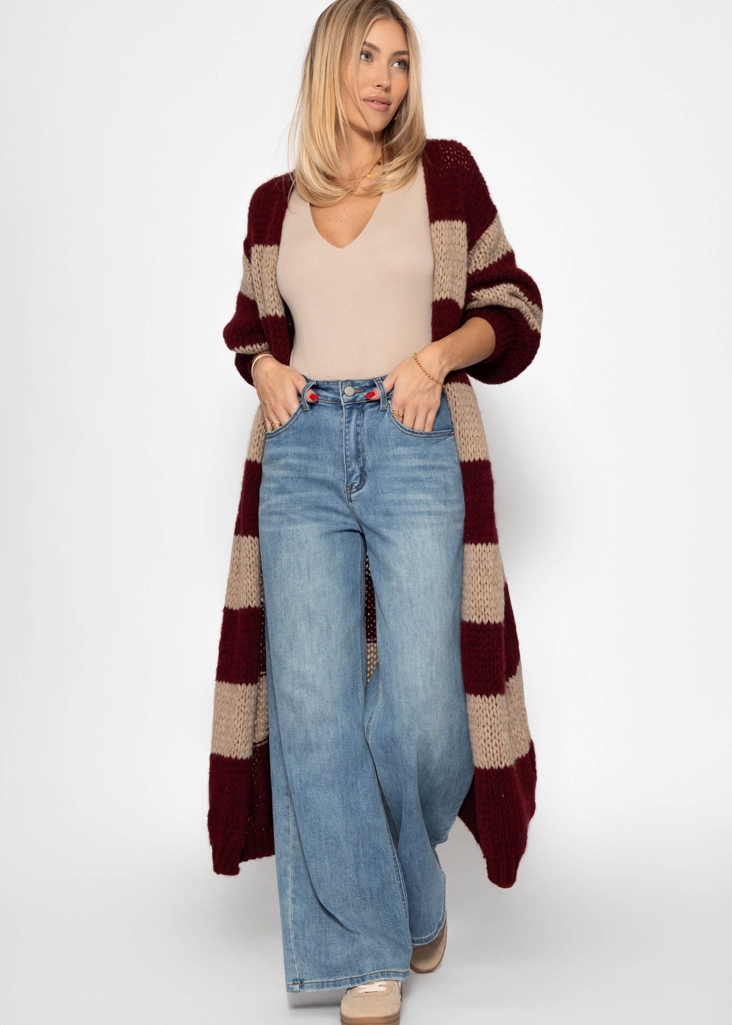 Extra langer Cardigan mit Blockstreifen - burgundy