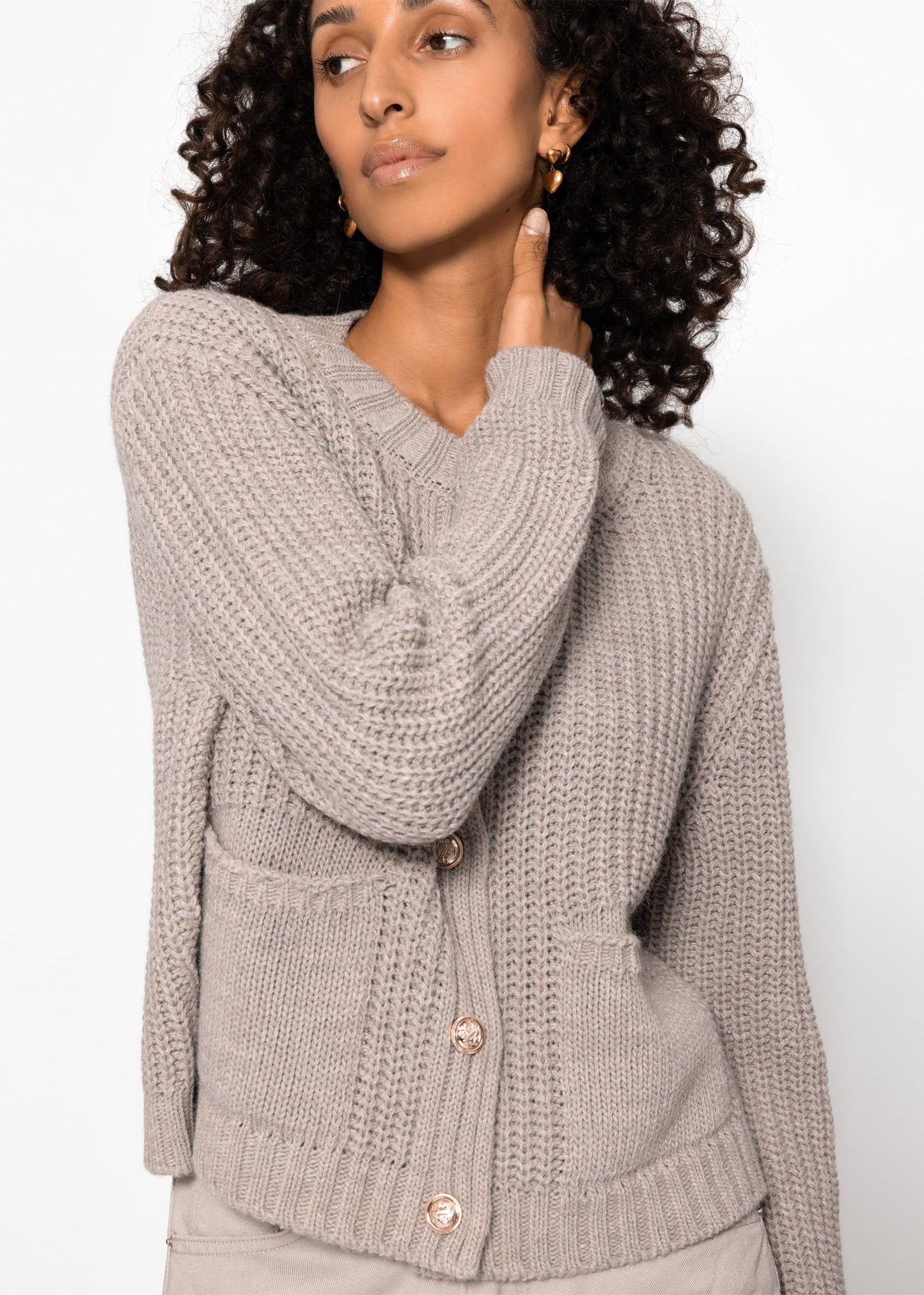 Gerippter Cardigan mit Taschen - taupe