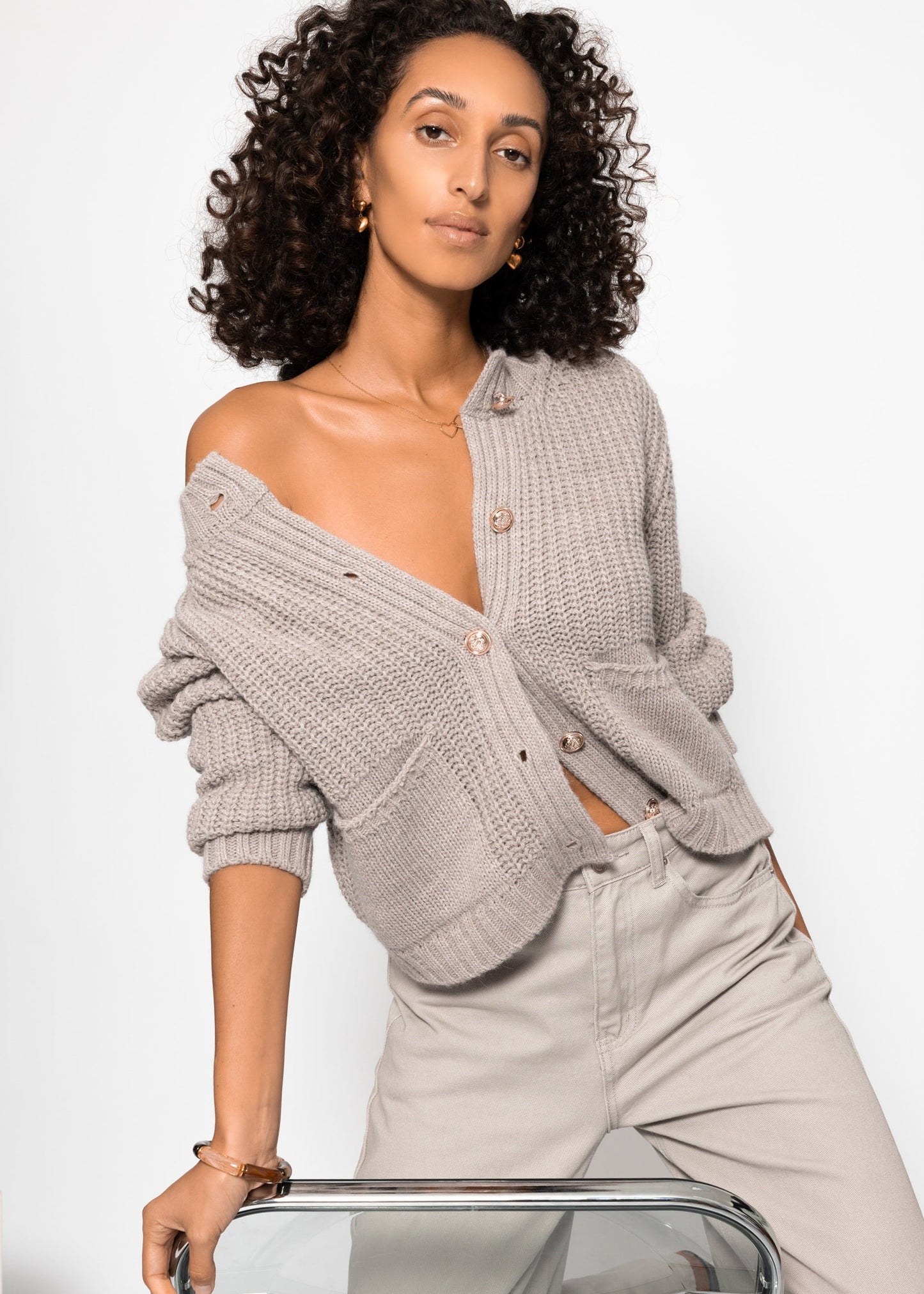 Gerippter Cardigan mit Taschen - taupe