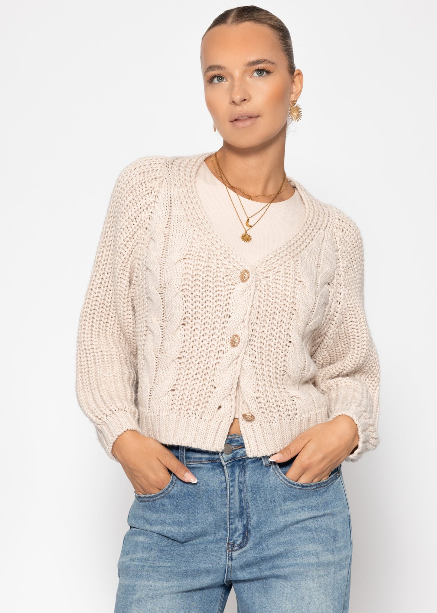 Zopfstrick-Cardigan mit Knopfleiste - beige
