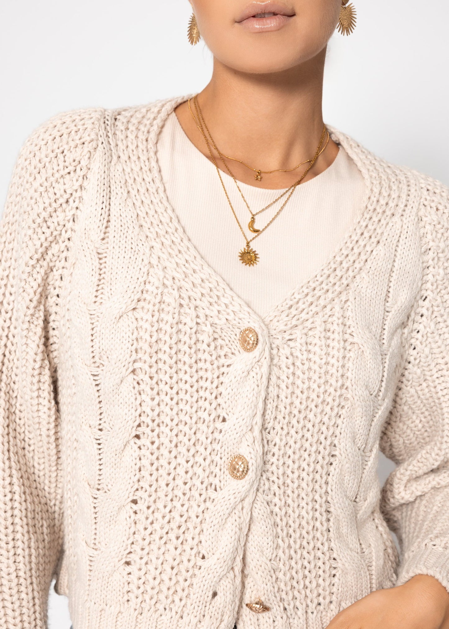Zopfstrick-Cardigan mit Knopfleiste - beige