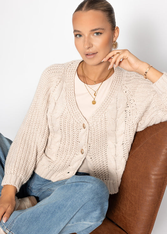Zopfstrick-Cardigan mit Knopfleiste - beige